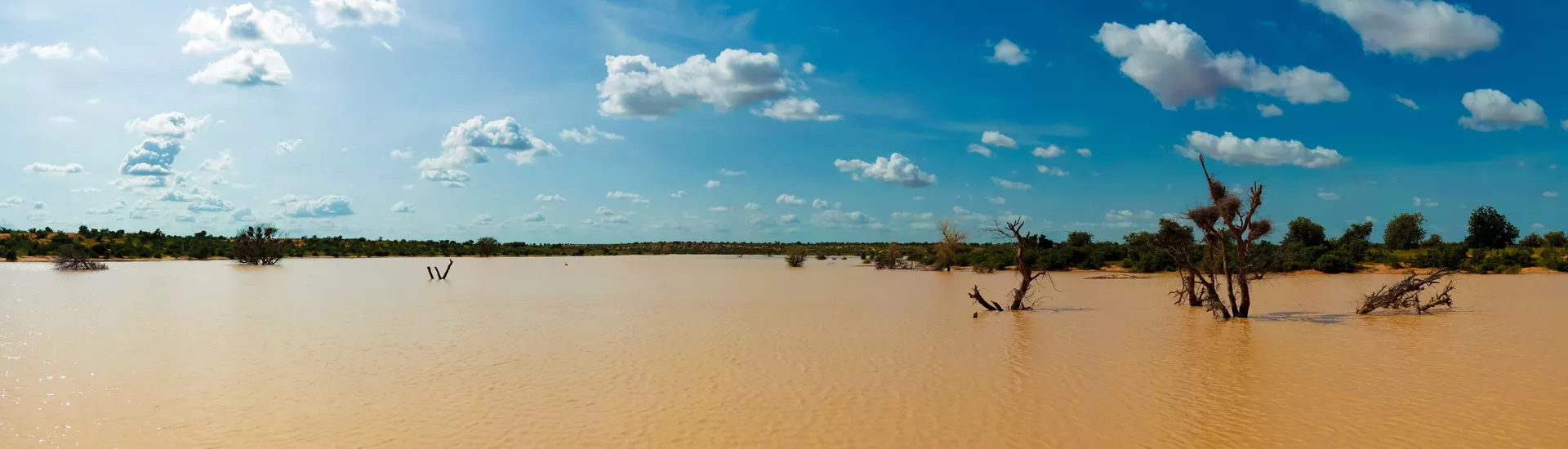 Panoramalandschaft mit Blick auf Sahel und Oase Dogon Tabki mit überschwemmtem Fluss, Dogondoutchi, Niger