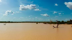 Panoramalandschaft mit Blick auf Sahel und Oase Dogon Tabki mit überschwemmtem Fluss, Dogondoutchi, Niger