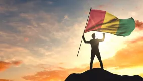 Flagge weht im Wind im Sonnenuntergang