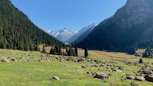 Bergige Landschaft in Kirgisistan mit Reisehinweisen