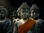 Buddha statue with ancient stupas in Buddhist temple