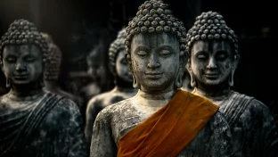 Buddha statue with ancient stupas in Buddhist temple