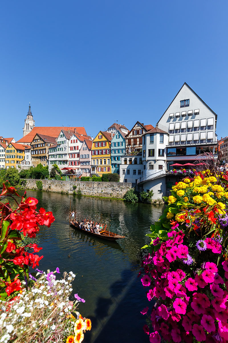 Tuebingen The city of Tuebingen on the Neckar river with a flat-bottomed boat Stocherkahn, travel, portrait format, Germany